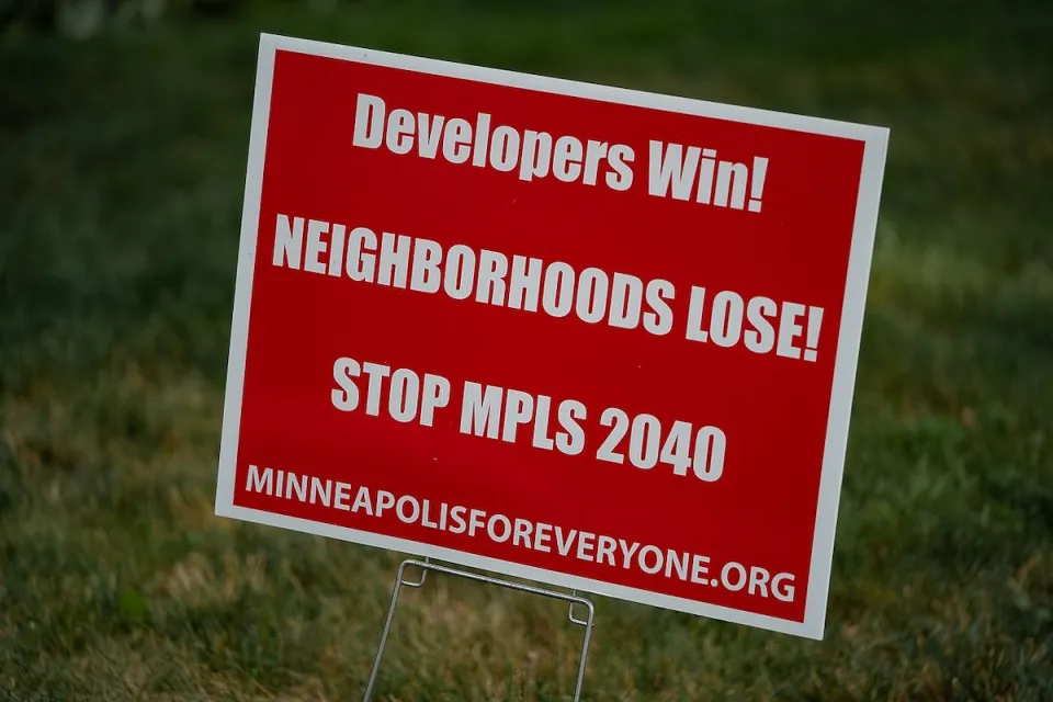 Red sign with white text opposing Minneapolist 2040 rezoning plan.